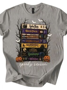 Charcoal Short-Sleeve Tee with Stacked Halloween Movie VHS Graphic